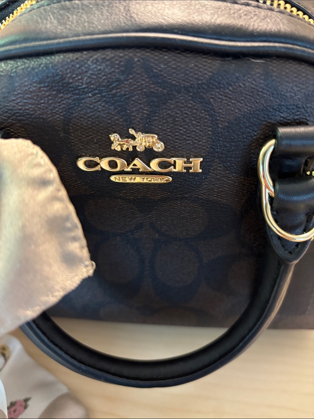 Coach Black Dome Satchel with Gold Hardware and Floral Scarf - Picture 2 of 3